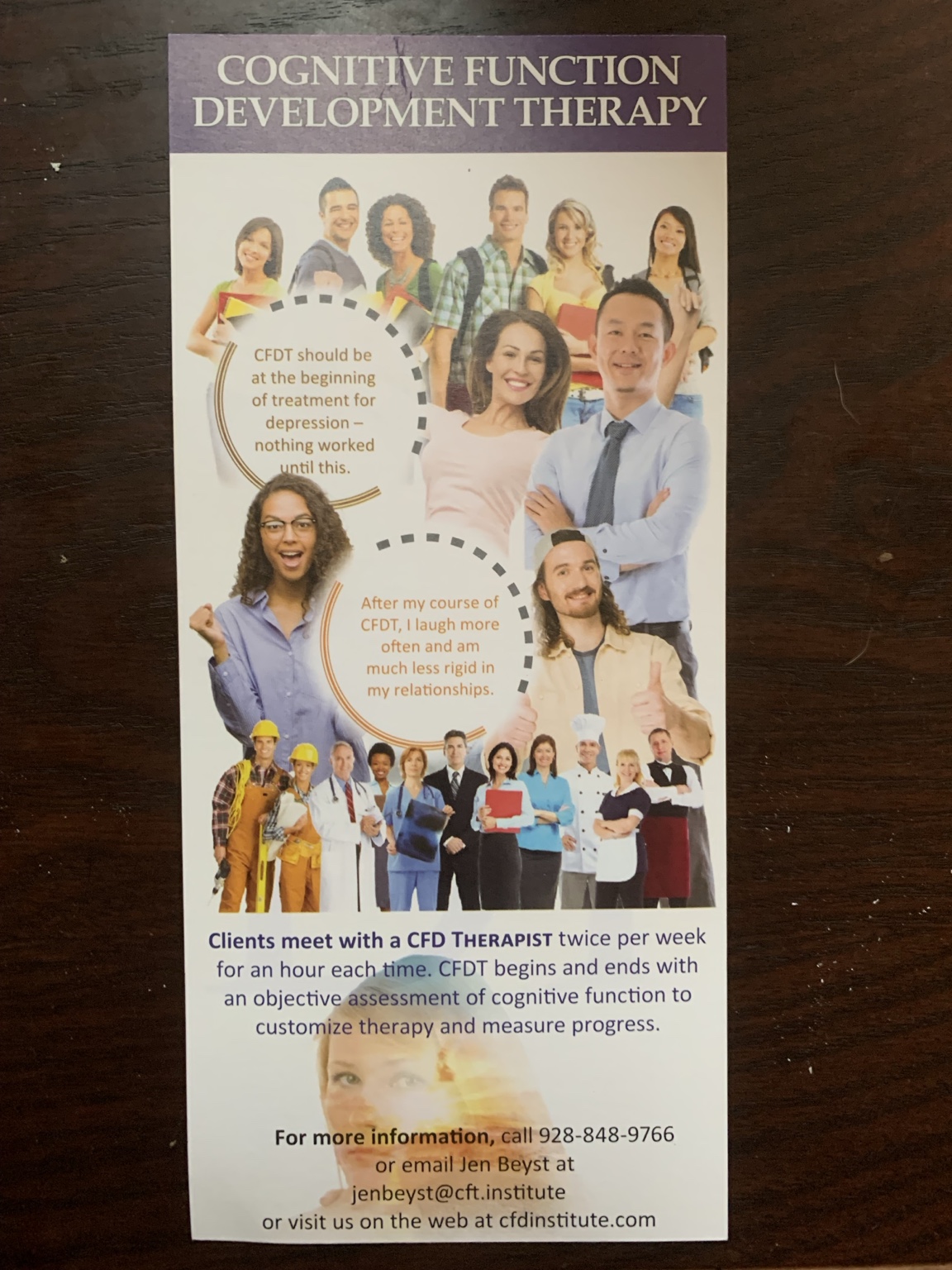 CFDI brochure describing adult cognitive function therapy and beginning and ending assessments